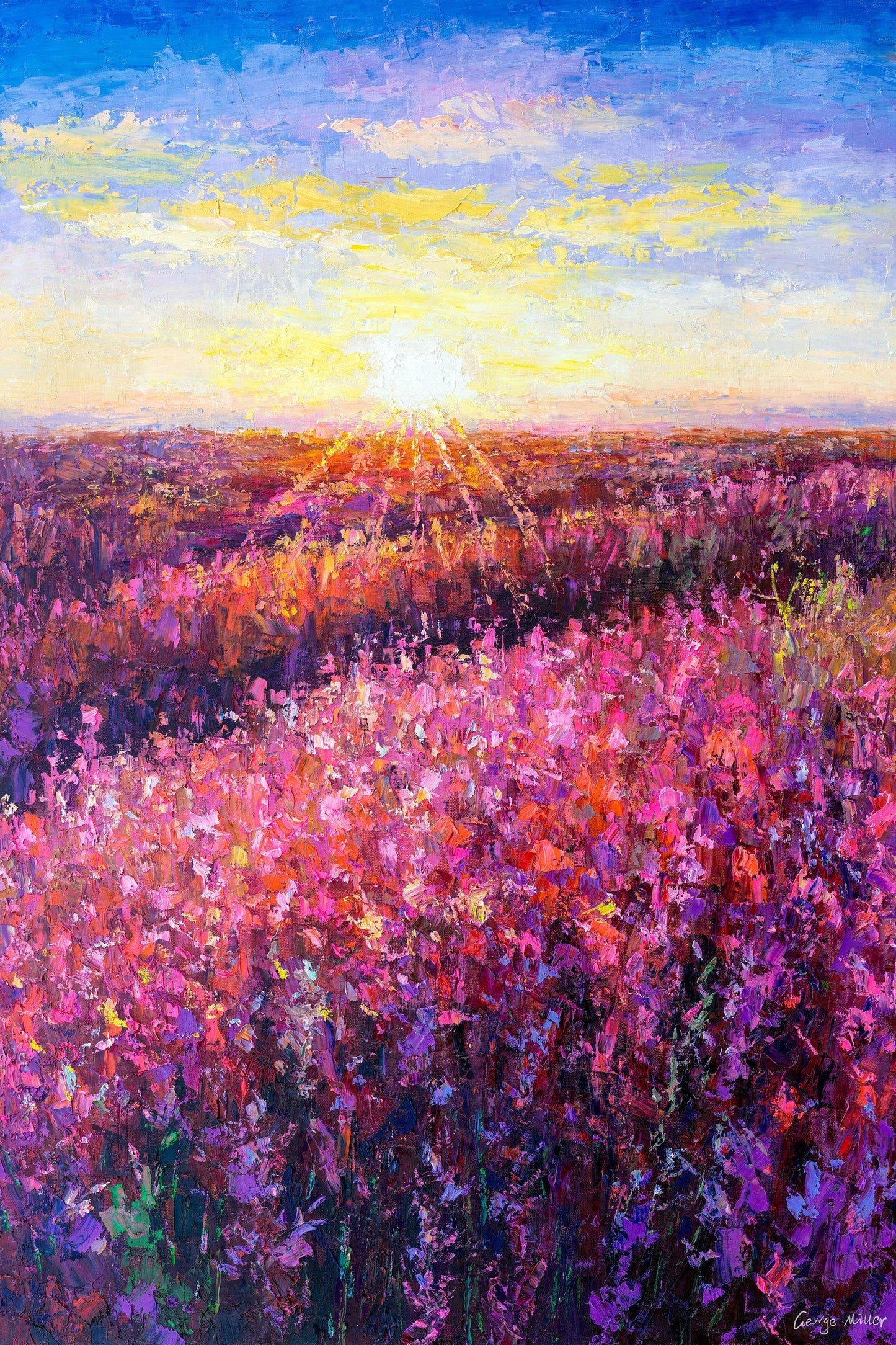 Oil Painting, Spring Filed with Pink Flowers at Dawn, Original Painting, Canvas Art, Contemporary Wall Art, Original Oil Painting Landscape