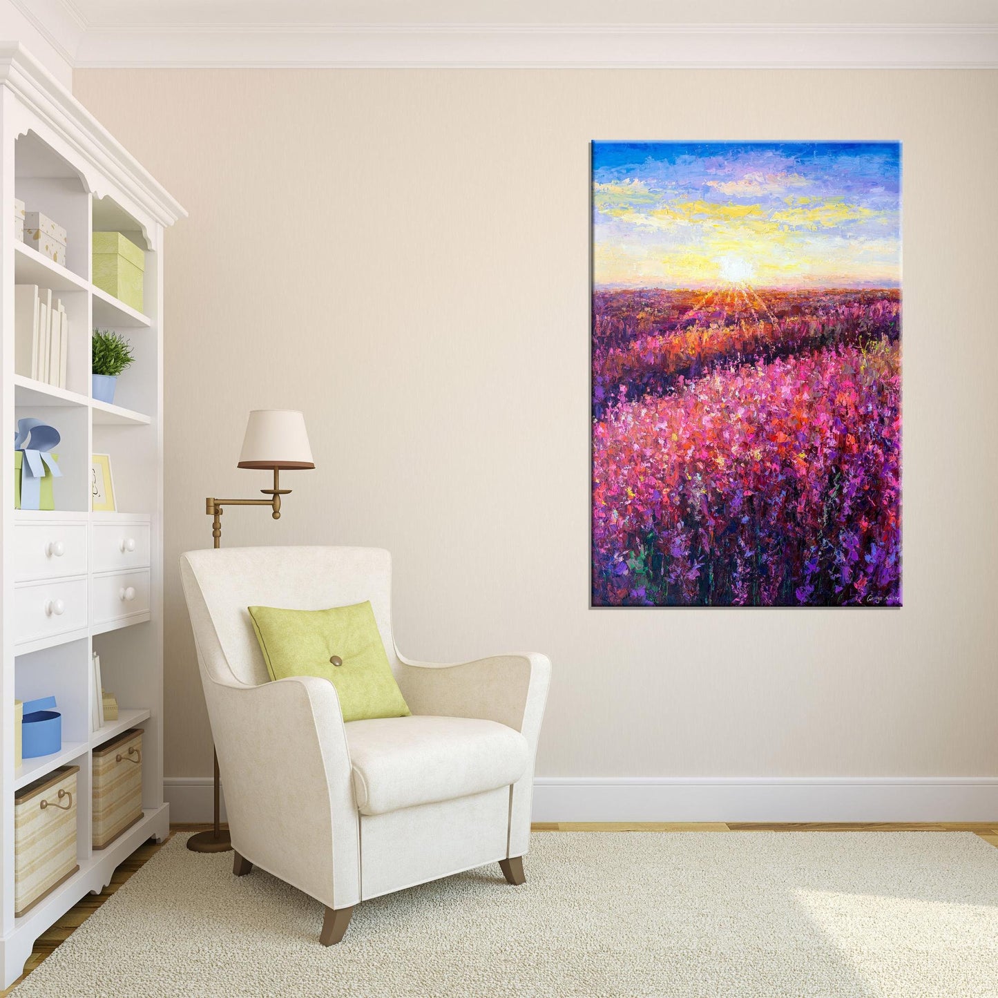 Oil Painting, Spring Filed with Pink Flowers at Dawn, Original Painting, Canvas Art, Contemporary Wall Art, Original Oil Painting Landscape