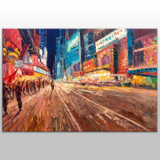 Oil Painting New York Street at Night Times Square, New York, Abstract Large Canvas Art, Oil Painting Original, Large Abstract Oil Painting