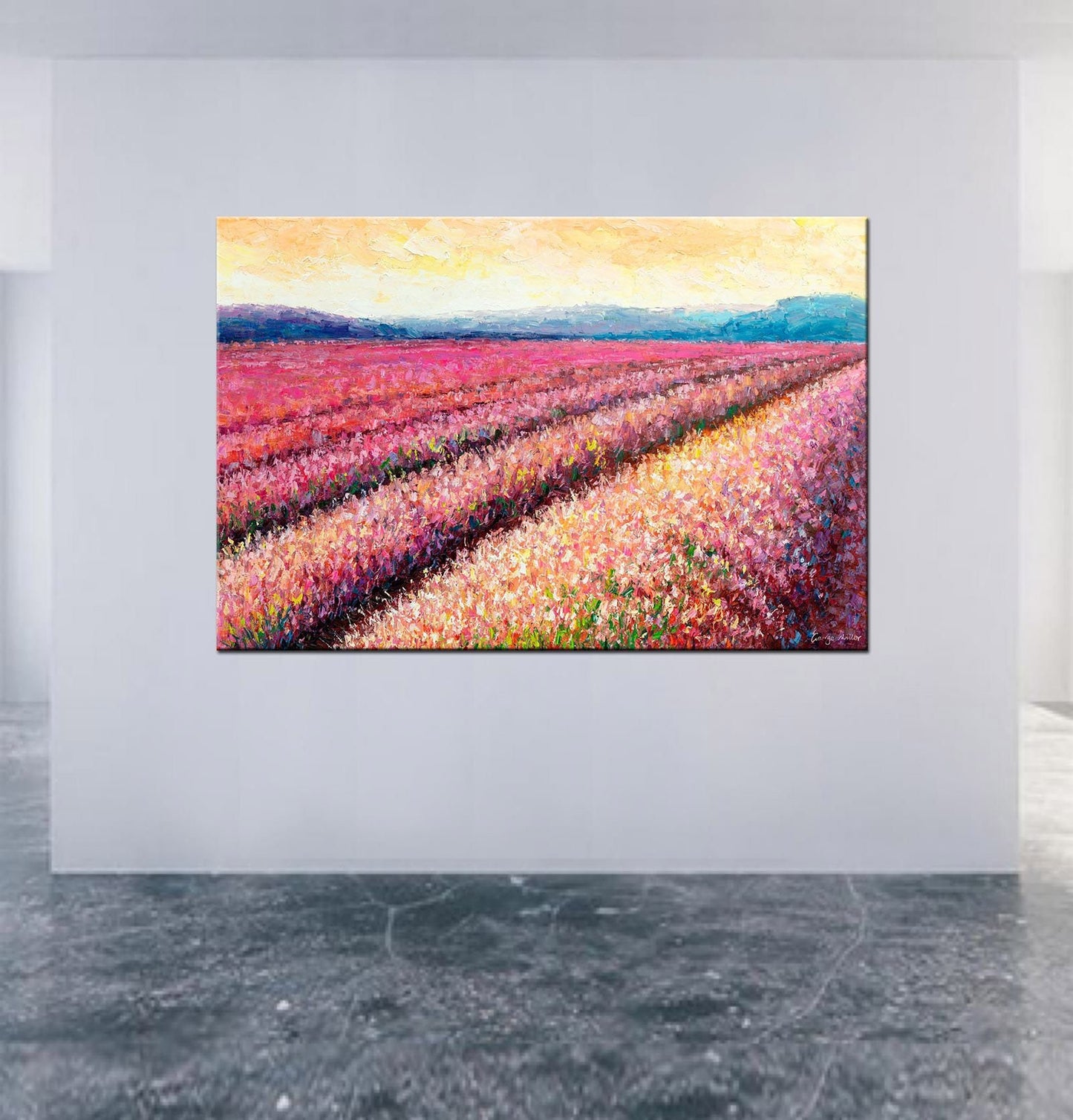 Oil Painting, Italian Tuscany Lavender Field Dawn, Landscape Painting, Palette Knife Art, Oil Painting Abstract, Rustic Living Room Wall Art