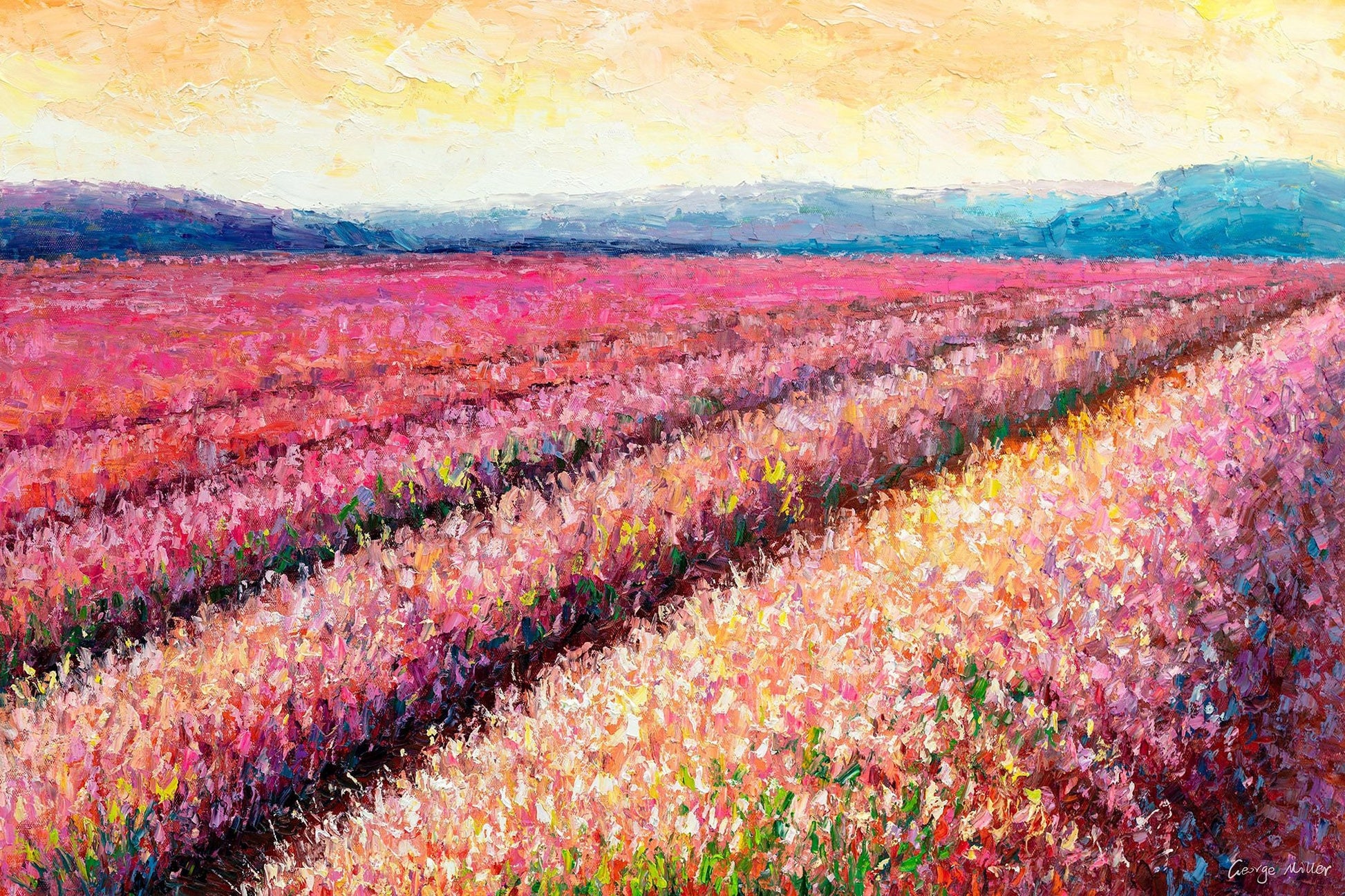 Oil Painting, Italian Tuscany Lavender Field Dawn, Landscape Painting, Palette Knife Art, Oil Painting Abstract, Rustic Living Room Wall Art