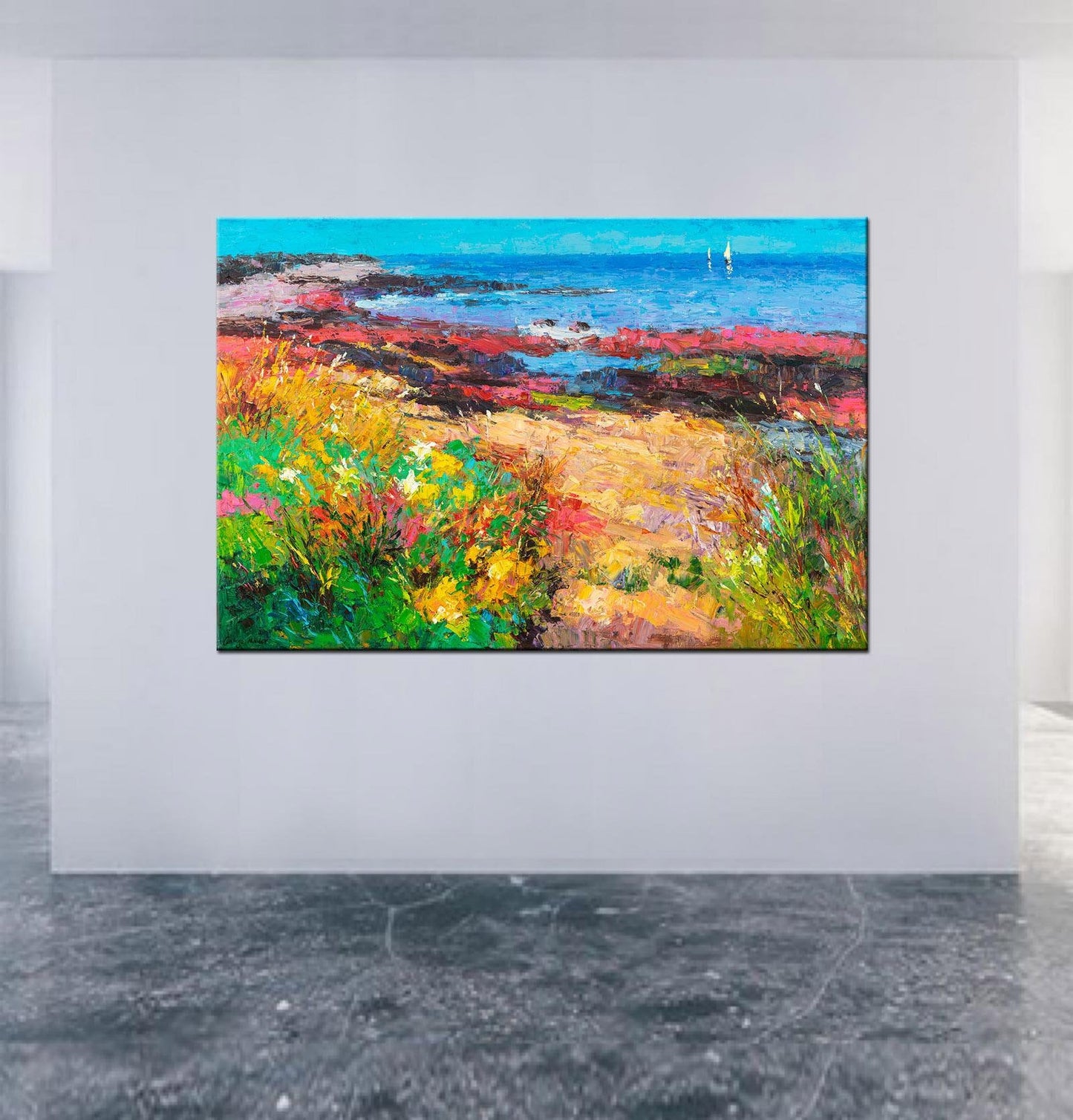 Oil Painting Landscape Flowers By The Sea, Canvas Painting, Oil Painting, Large Landscape Paintings On Canvas, Large Wall Art, Handmade Art