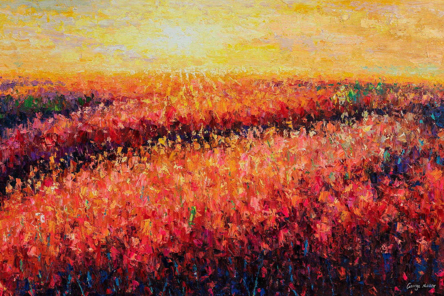 Landscape Oil Painting Red Flower Fields at Dawn, large canvas painting, modern painting, large canvas wall art, abstract oil painting