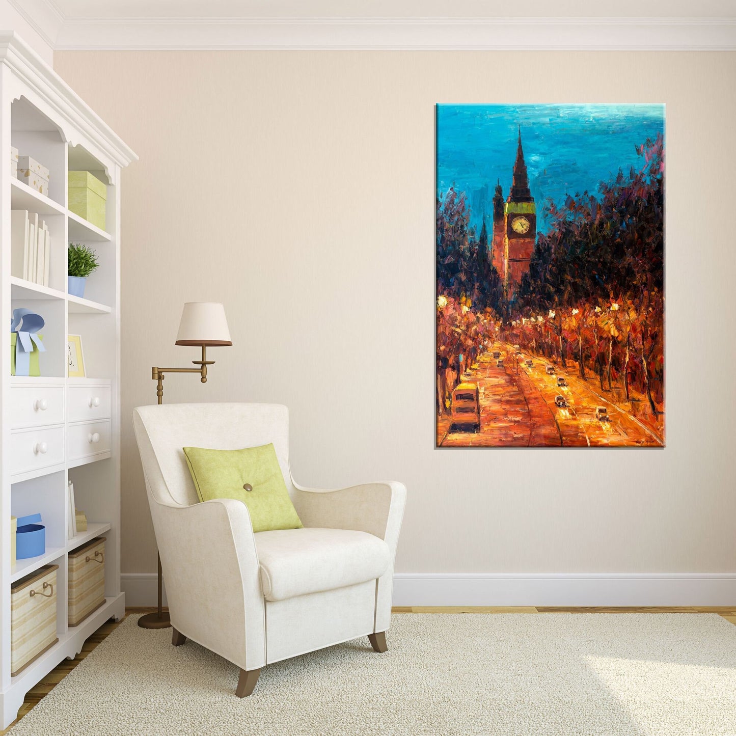 Original Oil Painting London Tower Street at Night, Painting Abstract, Wall Decor, Large Art, Master Bedroom Decor, Palette Knife Modern Art