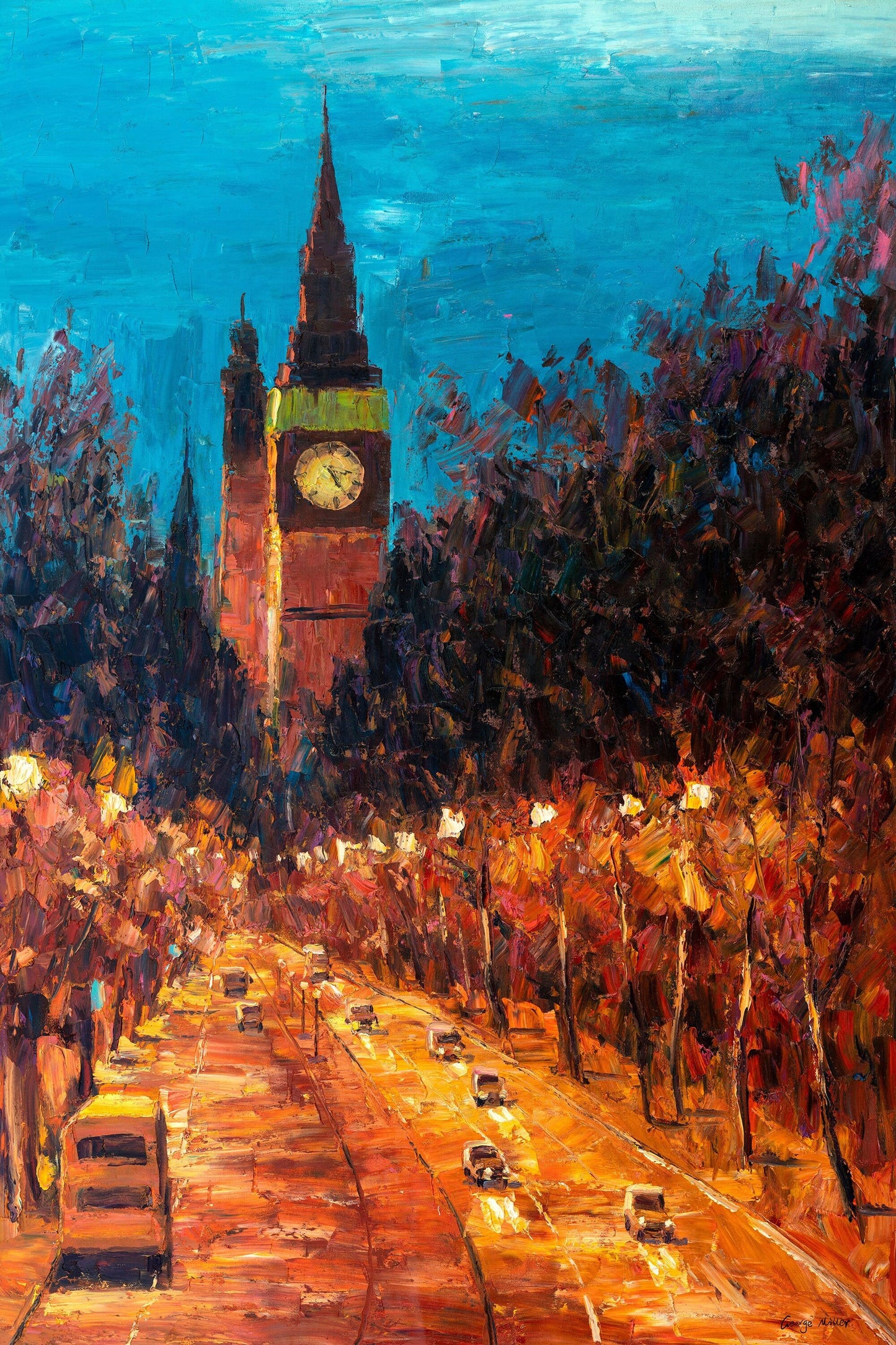 Original Oil Painting London Tower Street at Night, Painting Abstract, Wall Decor, Large Art, Master Bedroom Decor, Palette Knife Modern Art
