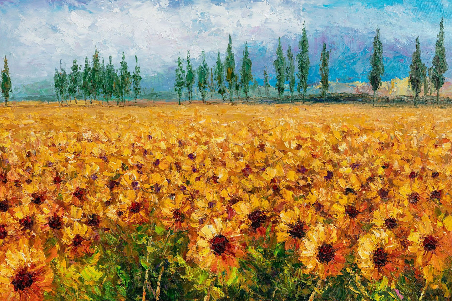 Add Some Charm to Your Home with George Miller's Vibrant Oil Painting of Sunflower Fields - Ready to Hang 32x48-Inches, Housewarming Gift