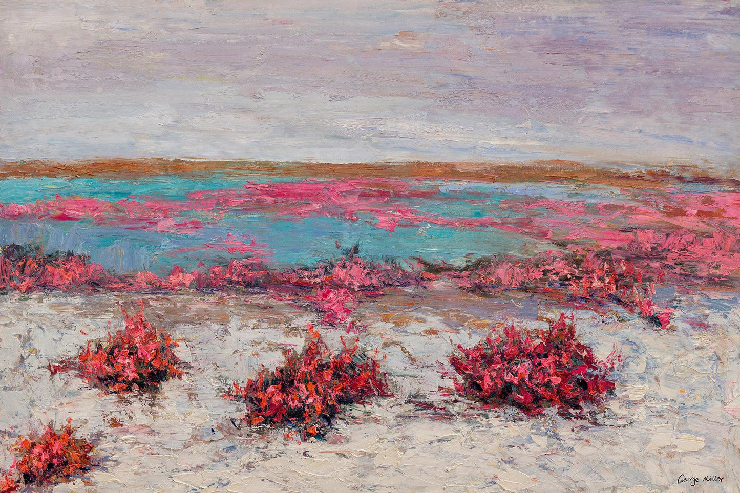 Oil Painting Red Flowers By The Sea, Canvas Painting, Oil Painting, Abstract Landscape, Extra Large Wall Art, Handmade, Rustic Oil Painting