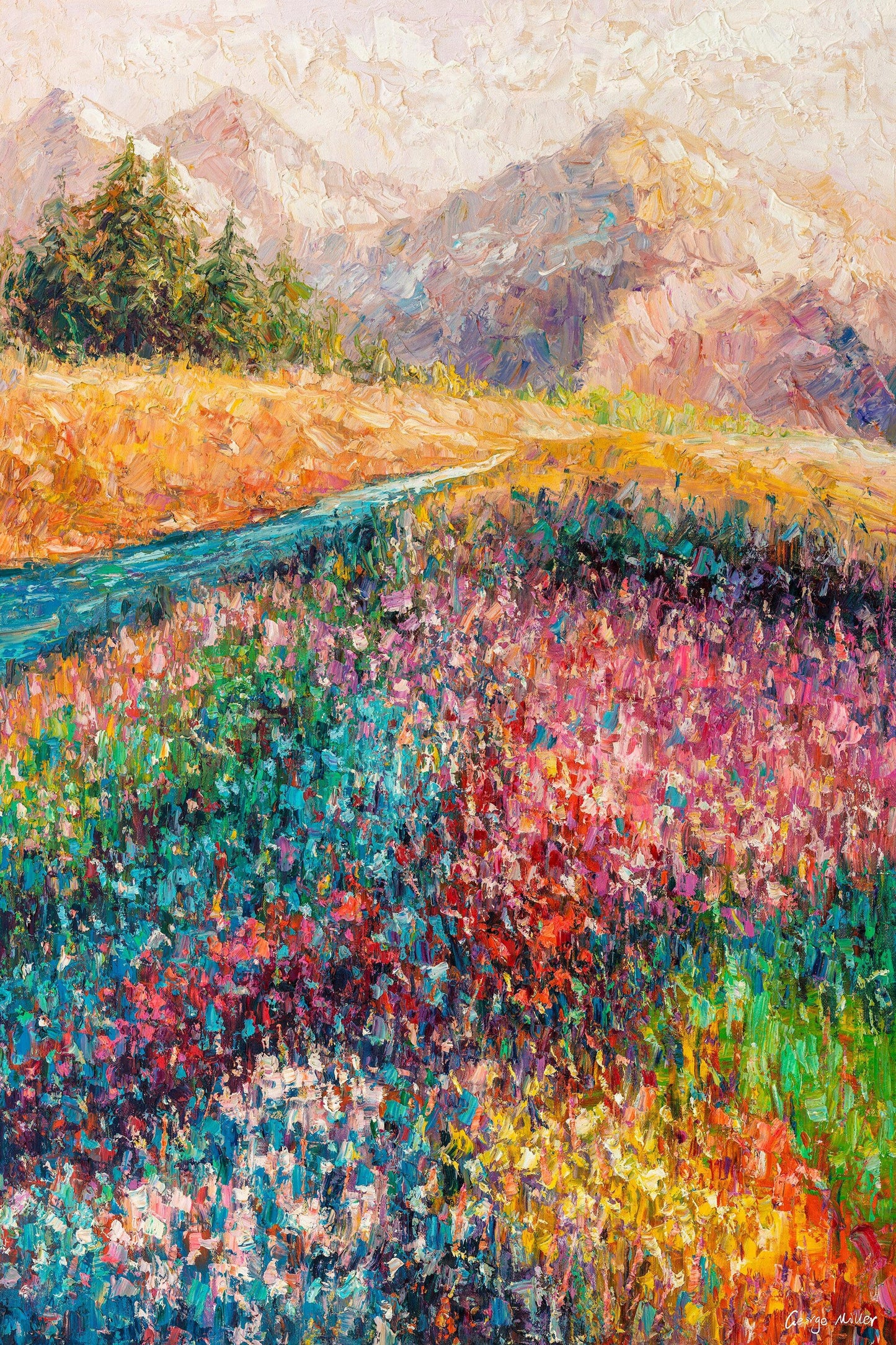 Add Life to Your Walls with this George Miller Original Oil Painting of Mountains with Wildflowers - Oversized 32x48-Inch Wall Art