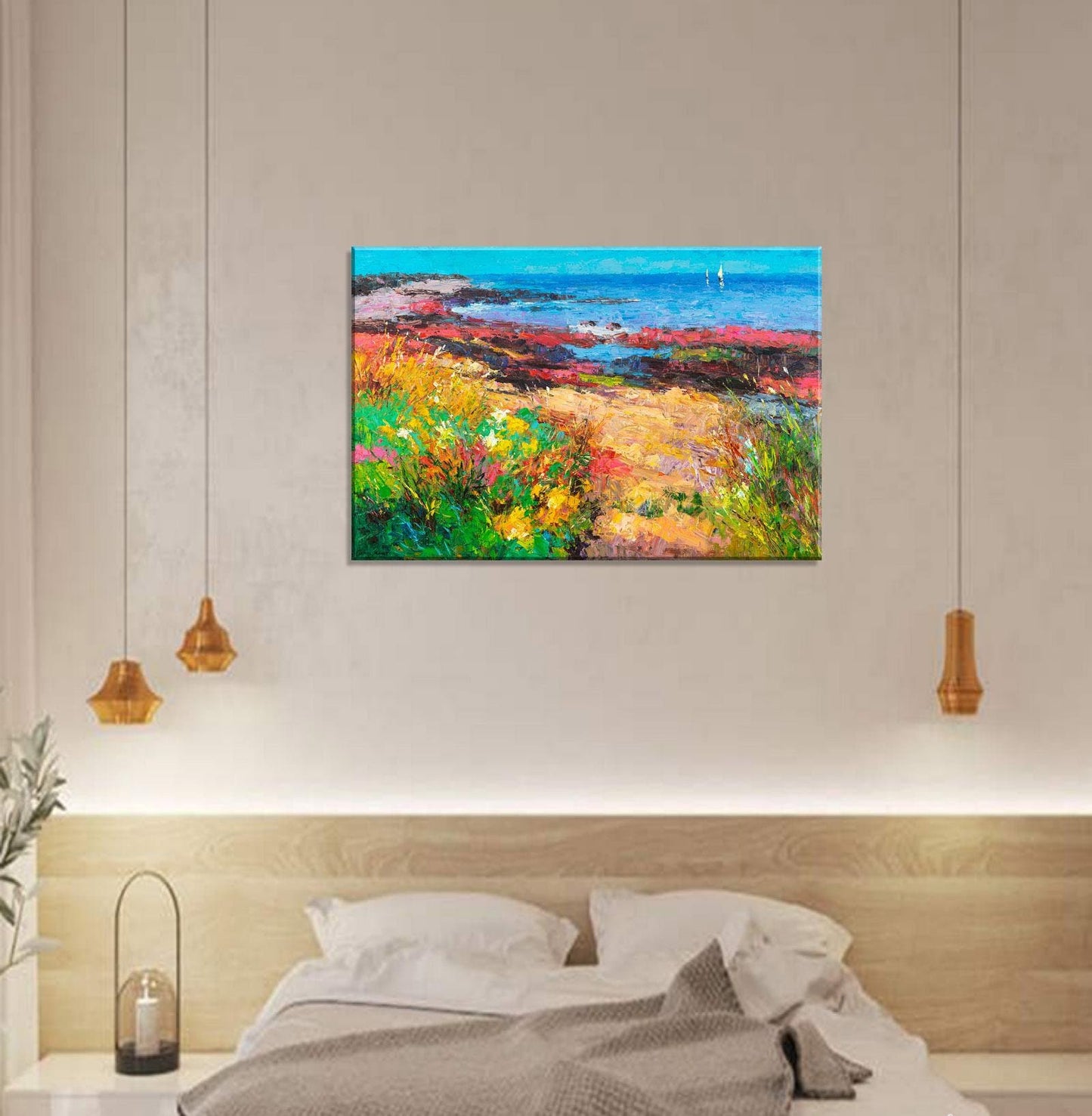 Oil Painting Landscape Flowers By The Sea, Canvas Painting, Oil Painting, Large Landscape Paintings On Canvas, Large Wall Art, Handmade Art