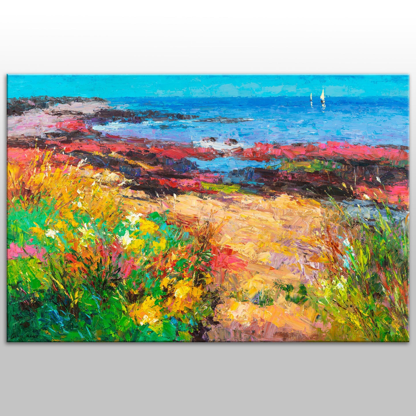 Oil Painting Landscape Flowers By The Sea, Canvas Painting, Oil Painting, Large Landscape Paintings On Canvas, Large Wall Art, Handmade Art