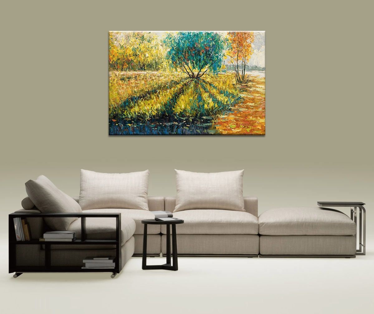 Modern Art, Abstract Canvas Art, Oil Painting Landscape Spring Fields by the Lake, Beach Painting, Large Canvas Art, Oil Painting Landscape