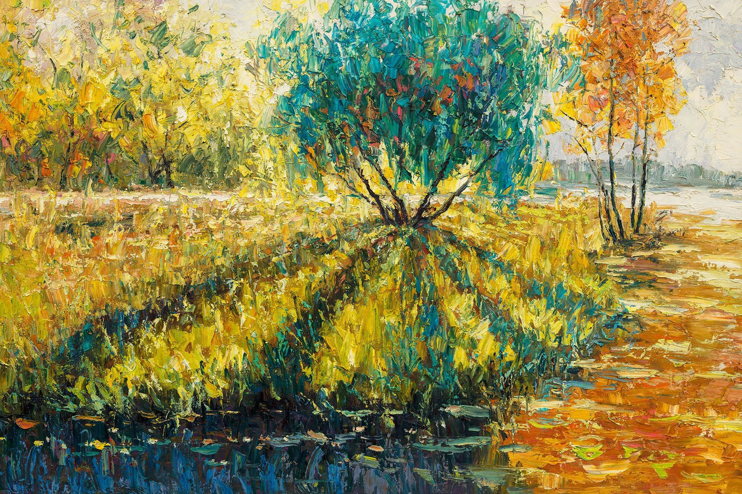 Modern Art, Abstract Canvas Art, Oil Painting Landscape Spring Fields by the Lake, Beach Painting, Large Canvas Art, Oil Painting Landscape