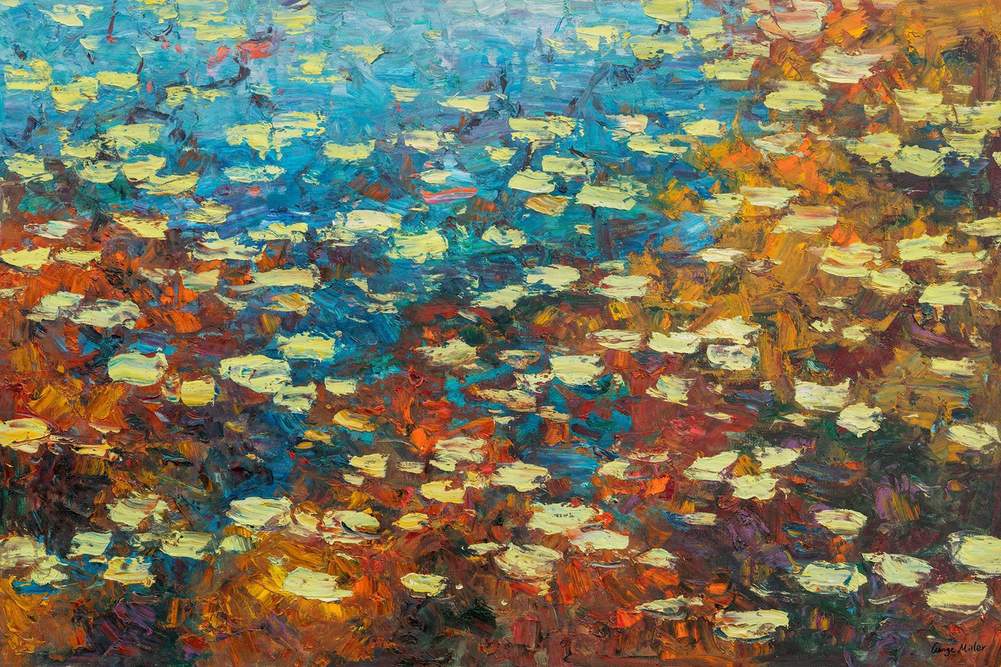 Original Oil Painting Water Lilies Pond Autumn, Modern Painting, Abstract Oil Painting, Canvas Art, Canvas Wall Art, Large Oil Painting
