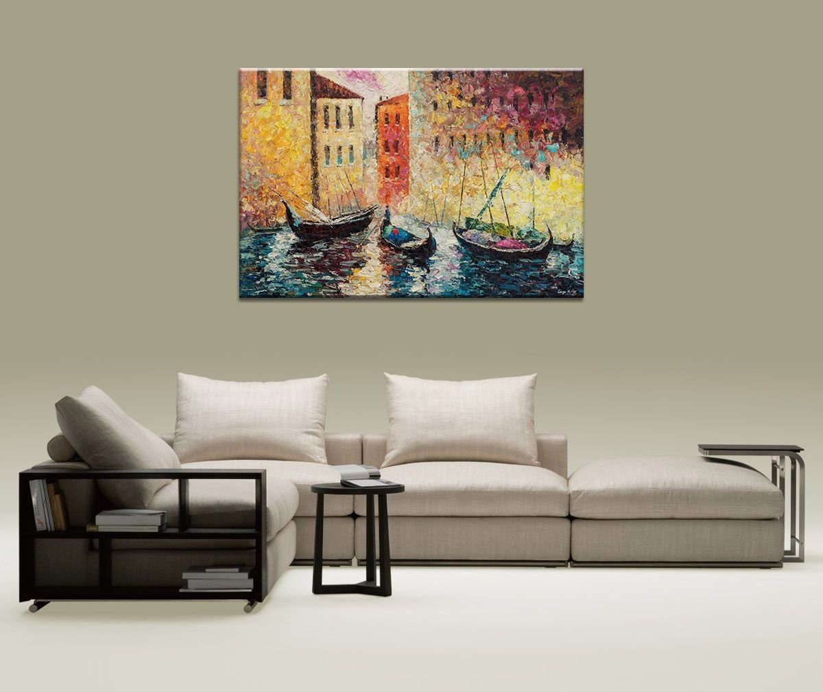 Oil Painting Venice Grand Canal Gondola Sunset, Original Abstract Painting, Abstract Painting, Large Landscape Painting, Living Room Decor