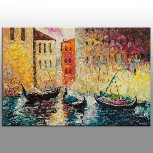 Oil Painting Venice Grand Canal Gondola Sunset, Original Abstract Painting, Abstract Painting, Large Landscape Painting, Living Room Decor