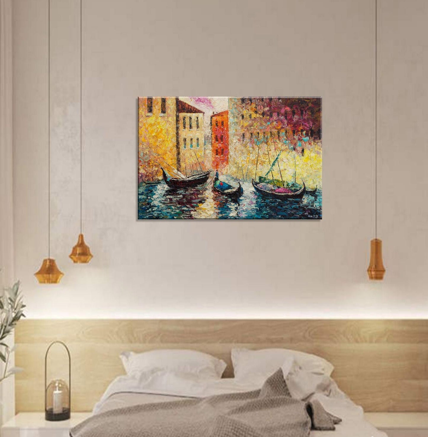 Oil Painting Venice Grand Canal Gondola Sunset, Original Abstract Painting, Abstract Painting, Large Landscape Painting, Living Room Decor