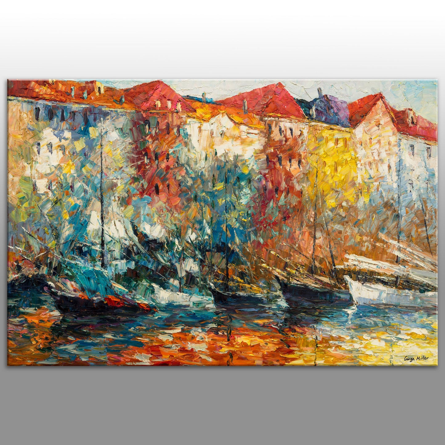 Oil Painting, Amsterdam Canal Oil Painting, Large Oil Painting, Abstract Canvas Art, Living Room Art, Rustic Décor, Oil Painting Boats Vivid