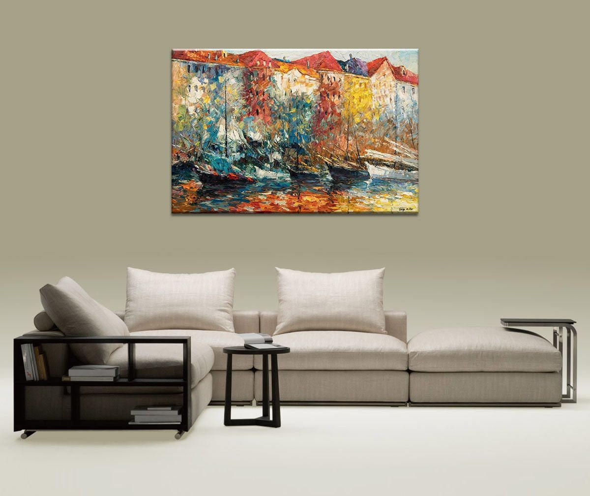 Oil Painting, Amsterdam Canal Oil Painting, Large Oil Painting, Abstract Canvas Art, Living Room Art, Rustic Décor, Oil Painting Boats Vivid