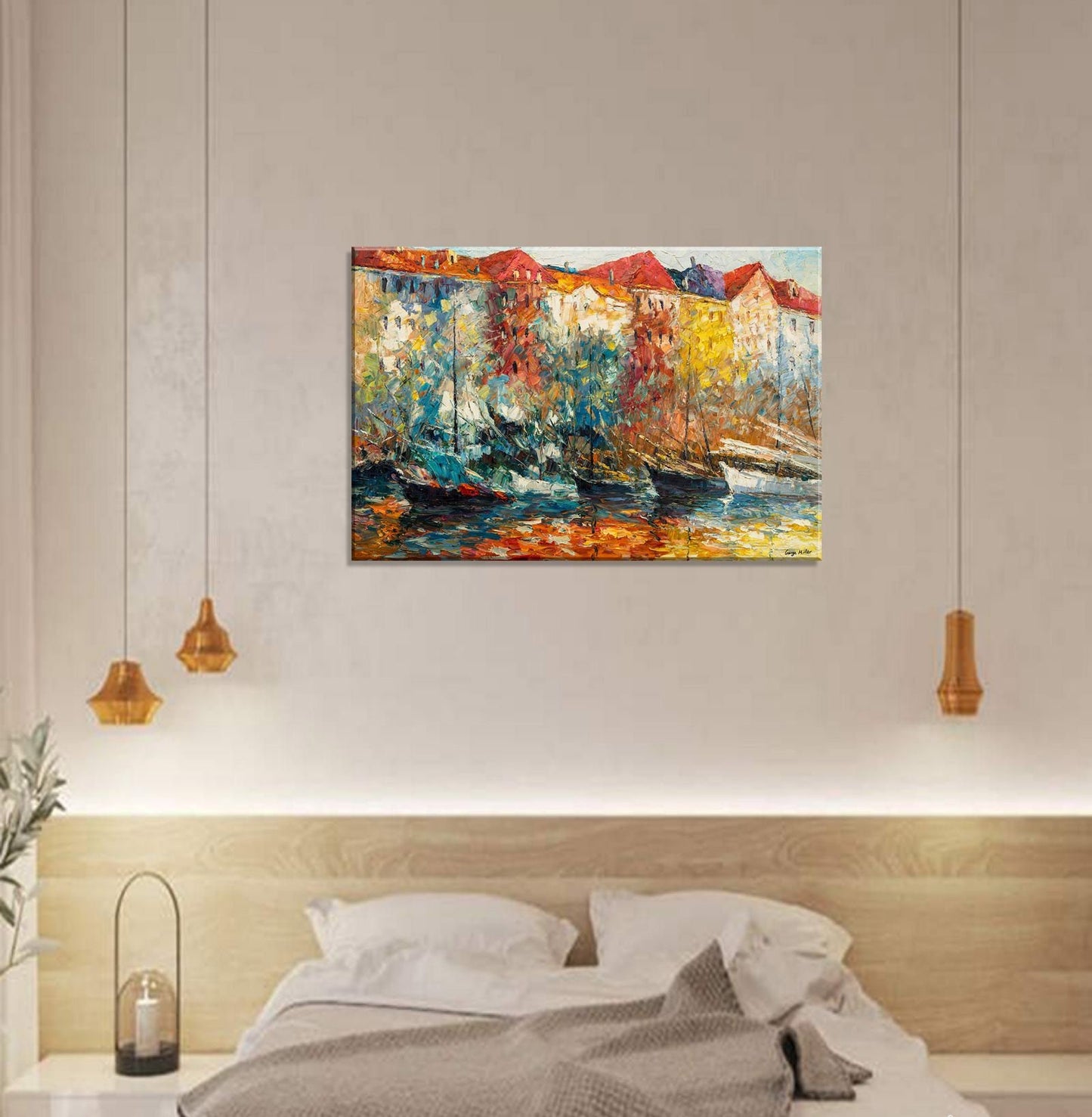 Oil Painting, Amsterdam Canal Oil Painting, Large Oil Painting, Abstract Canvas Art, Living Room Art, Rustic Décor, Oil Painting Boats Vivid