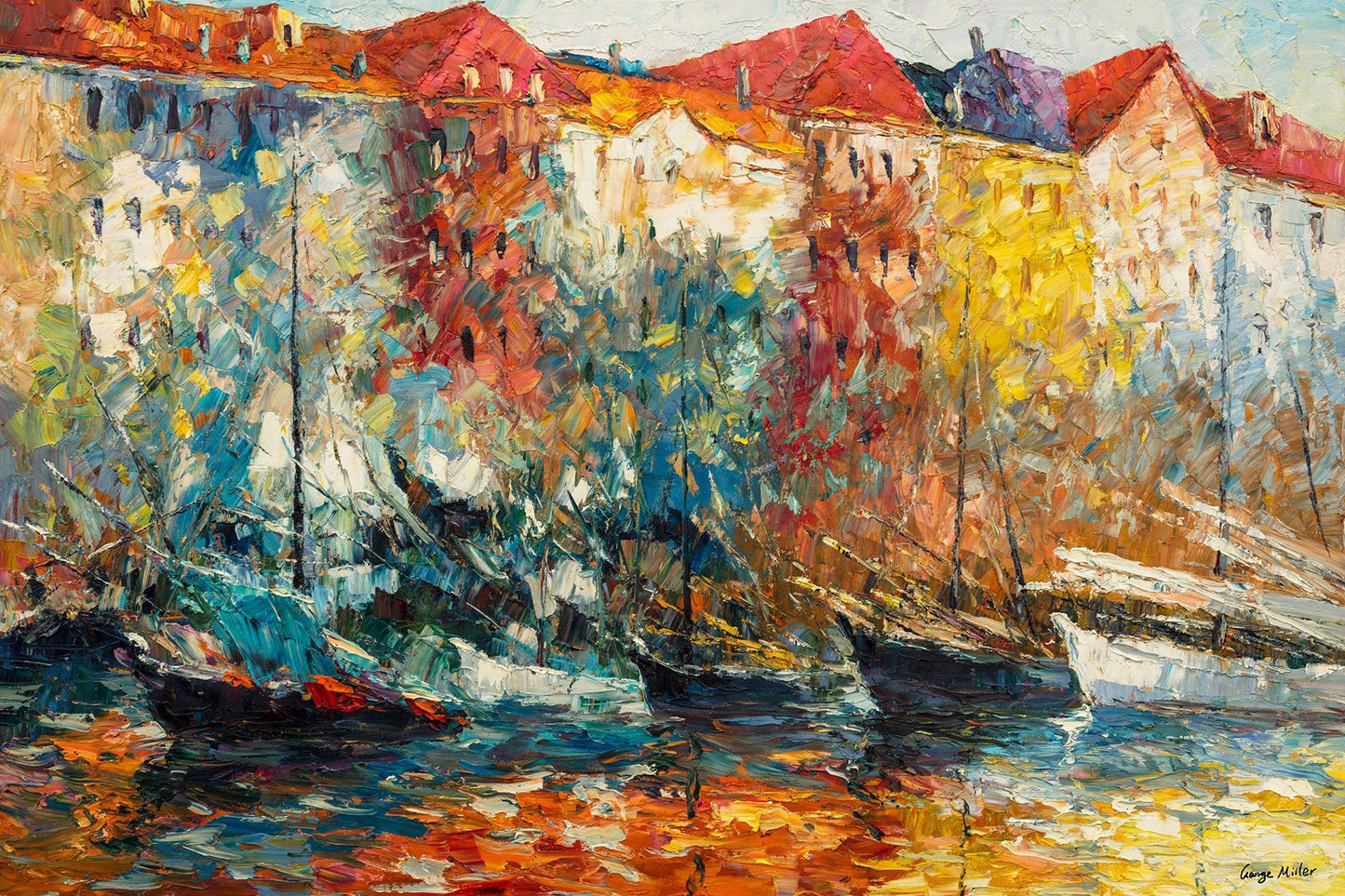 Oil Painting, Amsterdam Canal Oil Painting, Large Oil Painting, Abstract Canvas Art, Living Room Art, Rustic Décor, Oil Painting Boats Vivid
