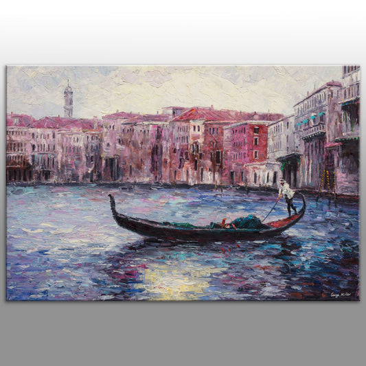 Oil Painting, Seascape, Itanlian Venice Gondola Sunset, Large Art, Original Oil Painting, Palette Knife Painting, Landscape Oil Painting