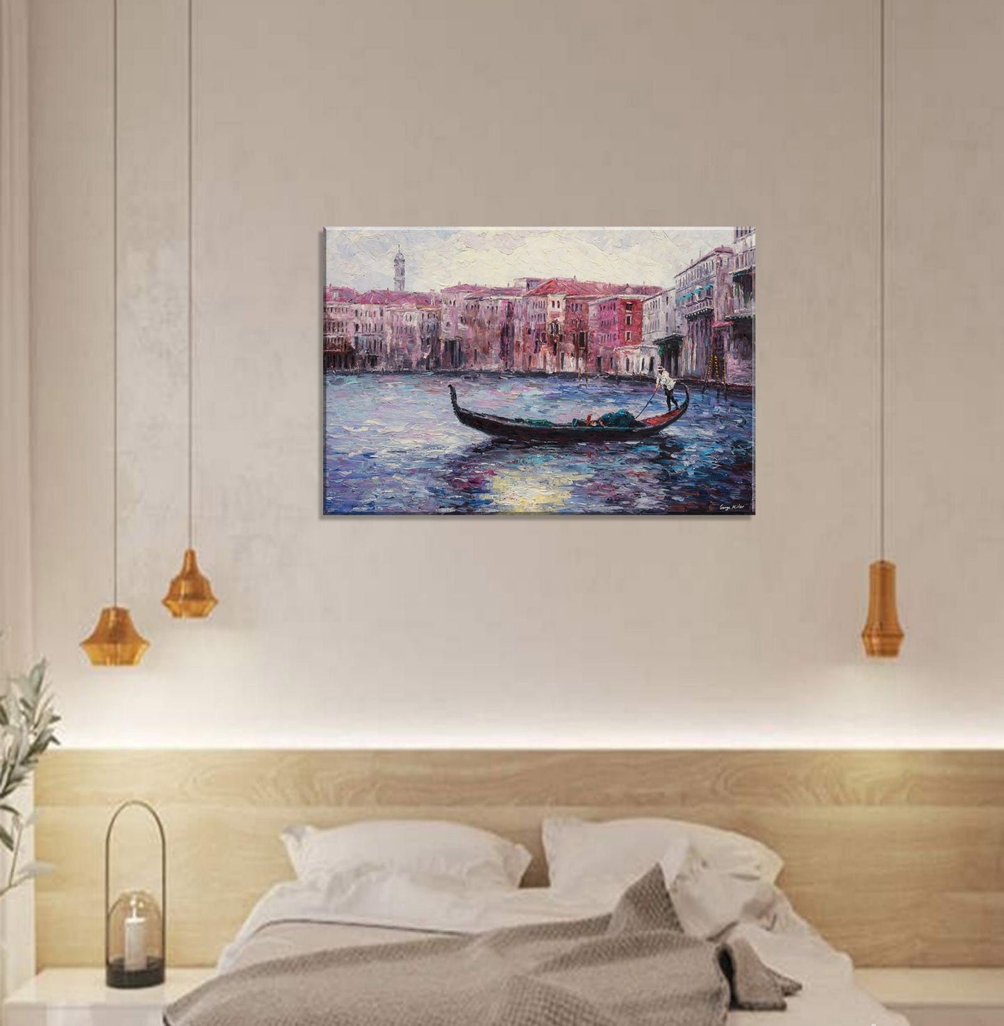 Oil Painting, Seascape, Itanlian Venice Gondola Sunset, Large Art, Original Oil Painting, Palette Knife Painting, Landscape Oil Painting