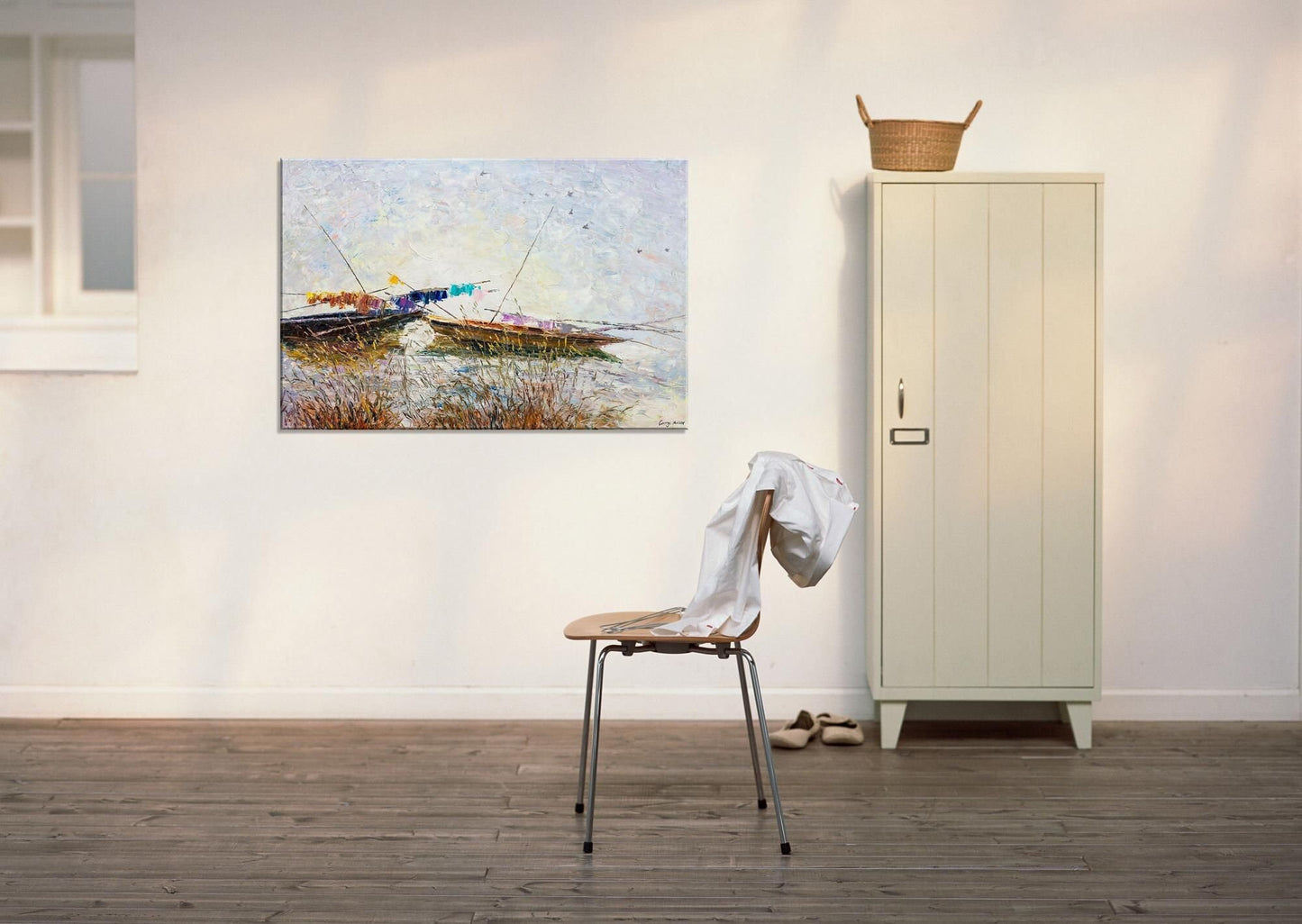 Oil Painting, Palette Knife Painting, Seascape, Finshing Boats at Sea, Original Abstract Art, Modern Painting, Large Wall Decor, Original