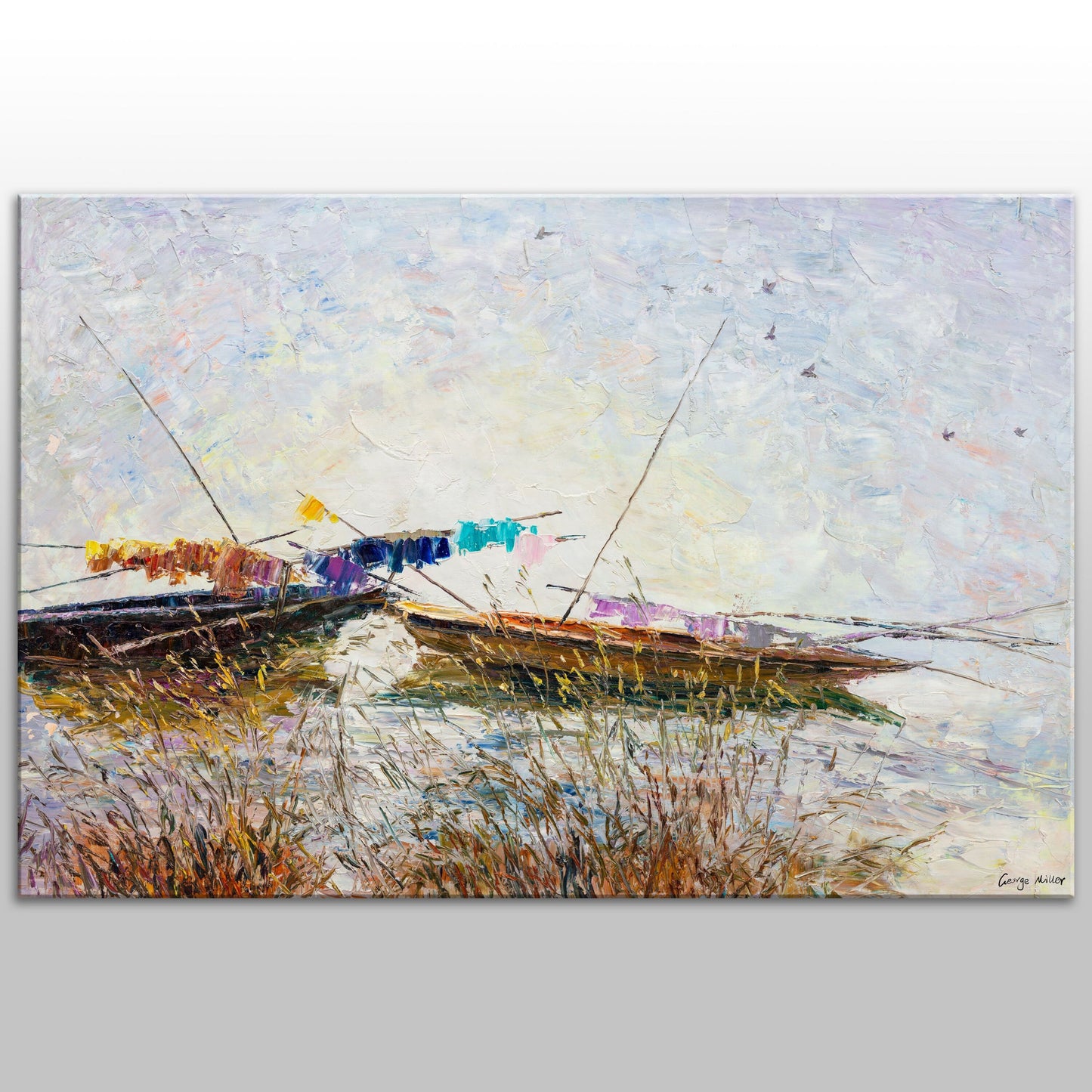 Oil Painting, Palette Knife Painting, Seascape, Finshing Boats at Sea, Original Abstract Art, Modern Painting, Large Wall Decor, Original