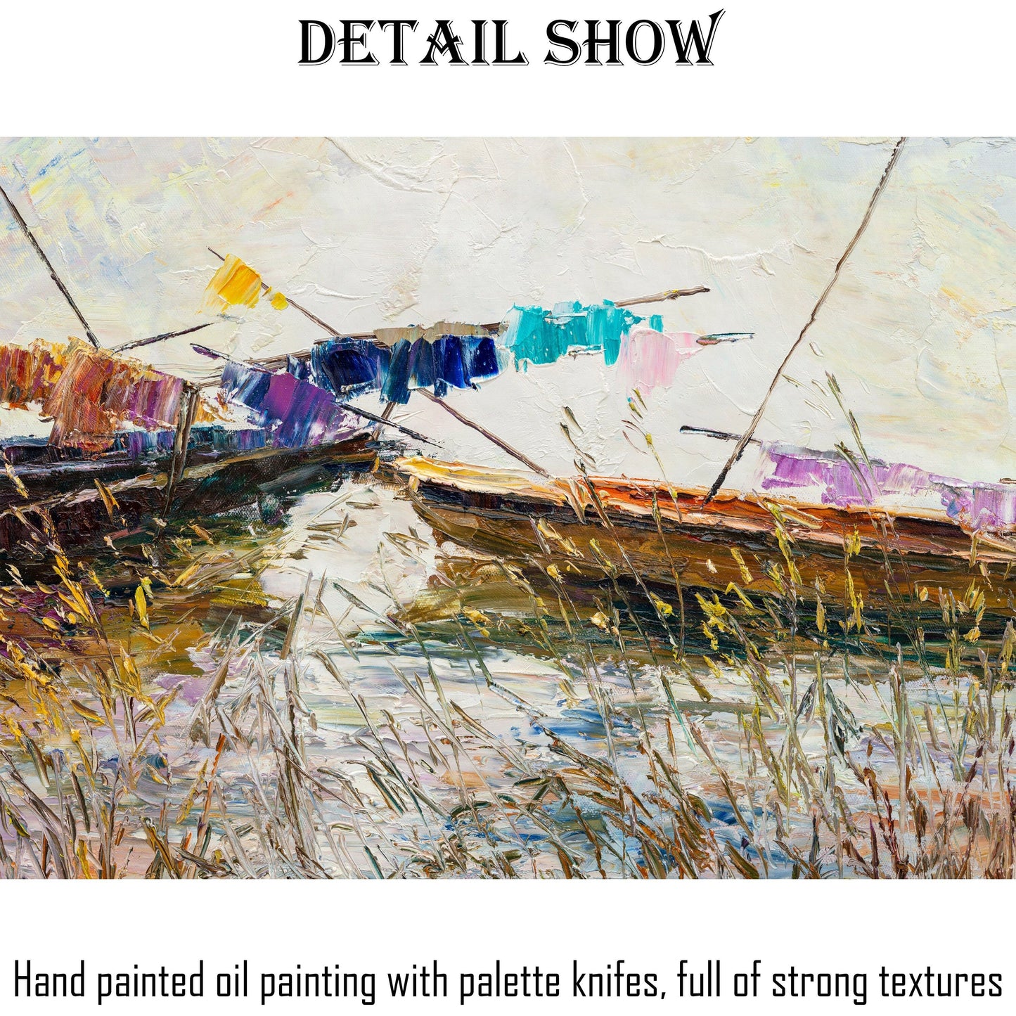 Oil Painting, Palette Knife Painting, Seascape, Finshing Boats at Sea, Original Abstract Art, Modern Painting, Large Wall Decor, Original