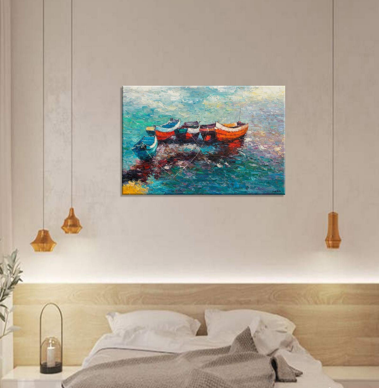 Oil Painting Seascape Fishing Boat at Dawn, Canvas Art, Canvas Wall Art, Abstract Art, Original Painting, Modern Art, Large Oil Painting