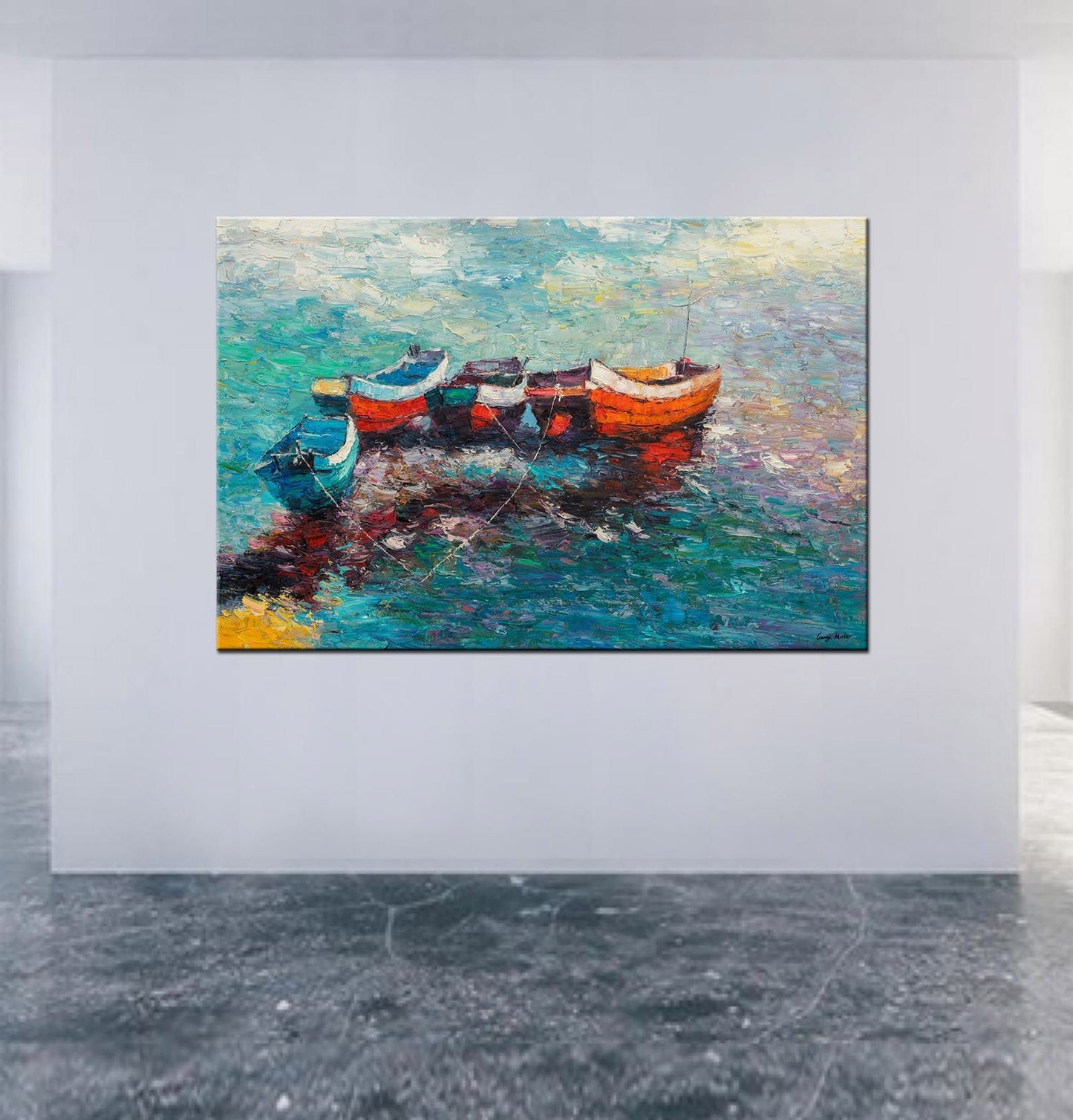 Oil Painting Seascape Fishing Boat at Dawn, Canvas Art, Canvas Wall Art, Abstract Art, Original Painting, Modern Art, Large Oil Painting