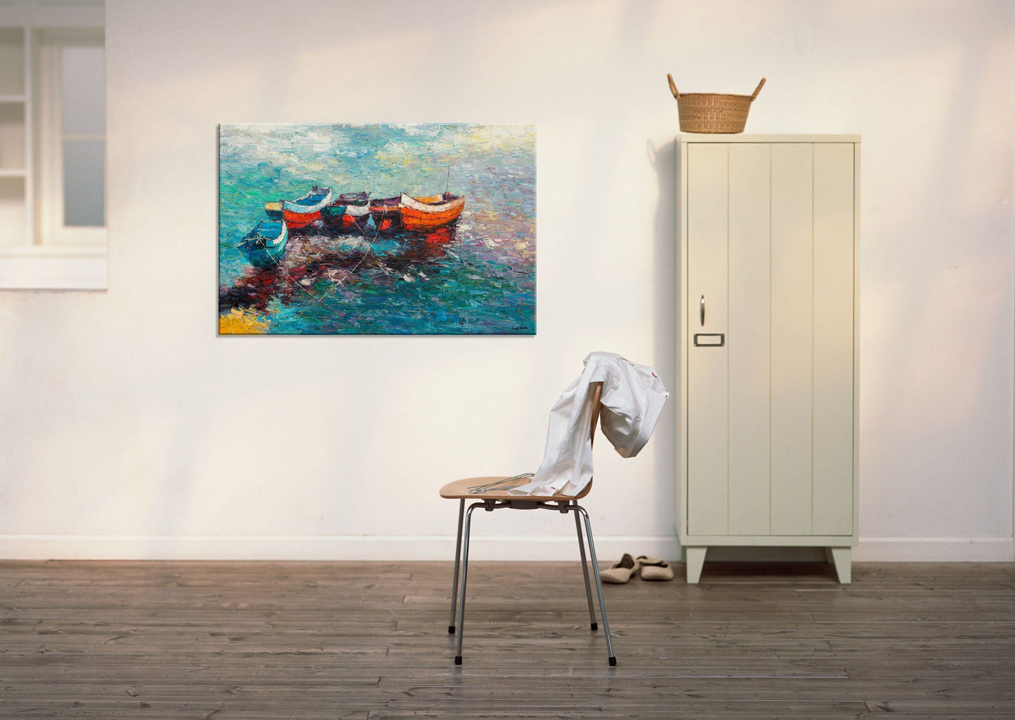 Oil Painting Seascape Fishing Boat at Dawn, Canvas Art, Canvas Wall Art, Abstract Art, Original Painting, Modern Art, Large Oil Painting