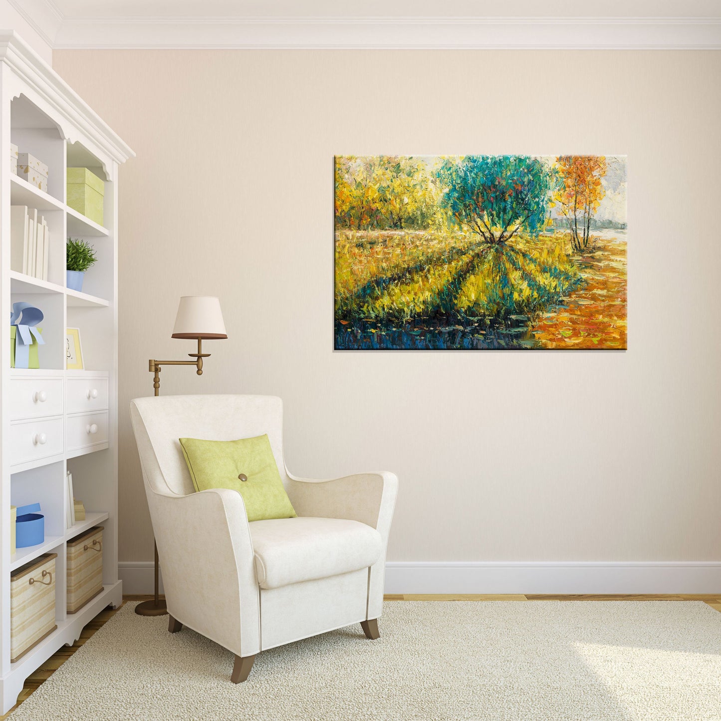 Modern Art, Abstract Canvas Art, Oil Painting Landscape Spring Fields by the Lake, Beach Painting, Large Canvas Art, Oil Painting Landscape