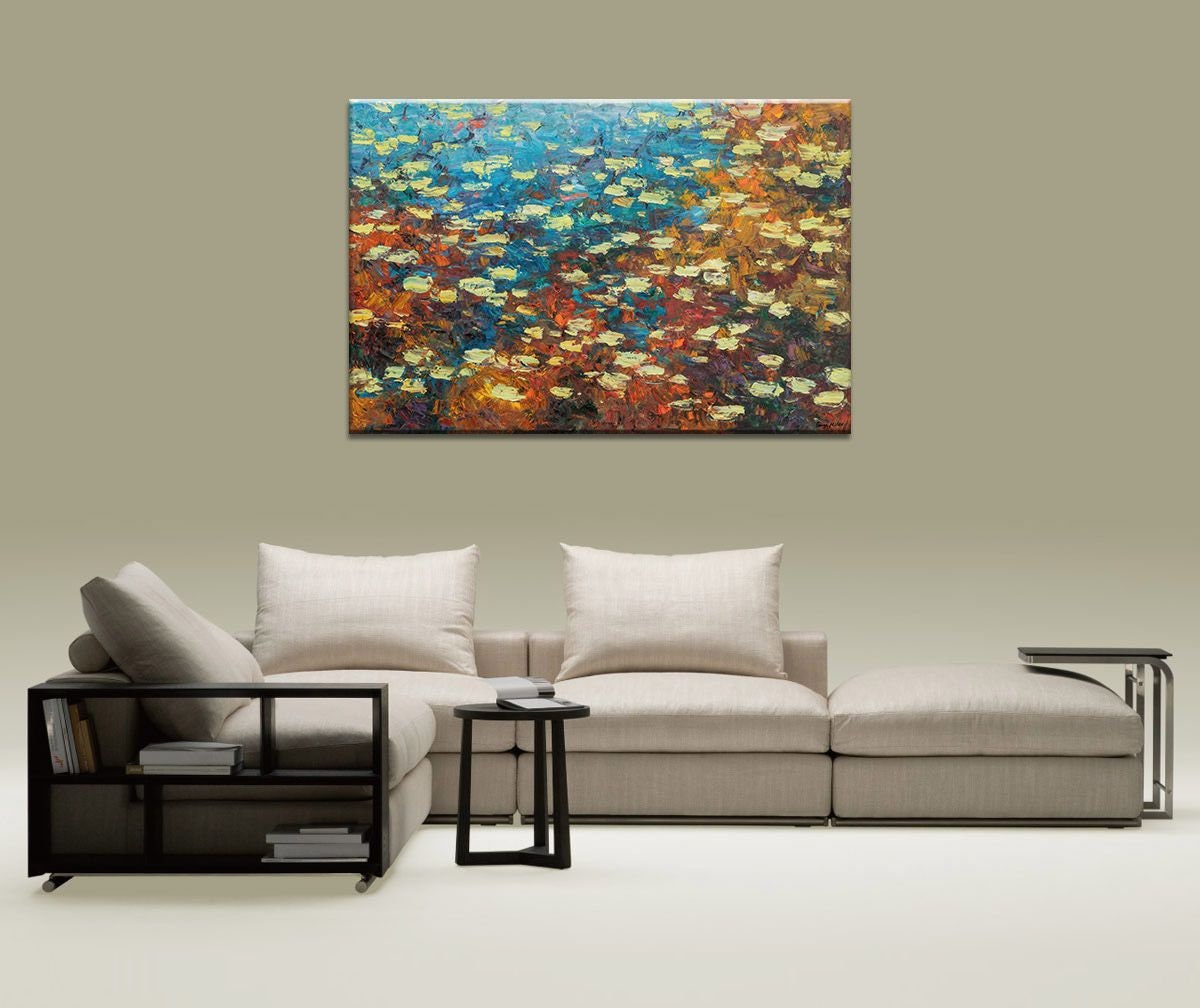 Original Oil Painting Water Lilies Pond Autumn, Modern Painting, Abstract Oil Painting, Canvas Art, Canvas Wall Art, Large Oil Painting