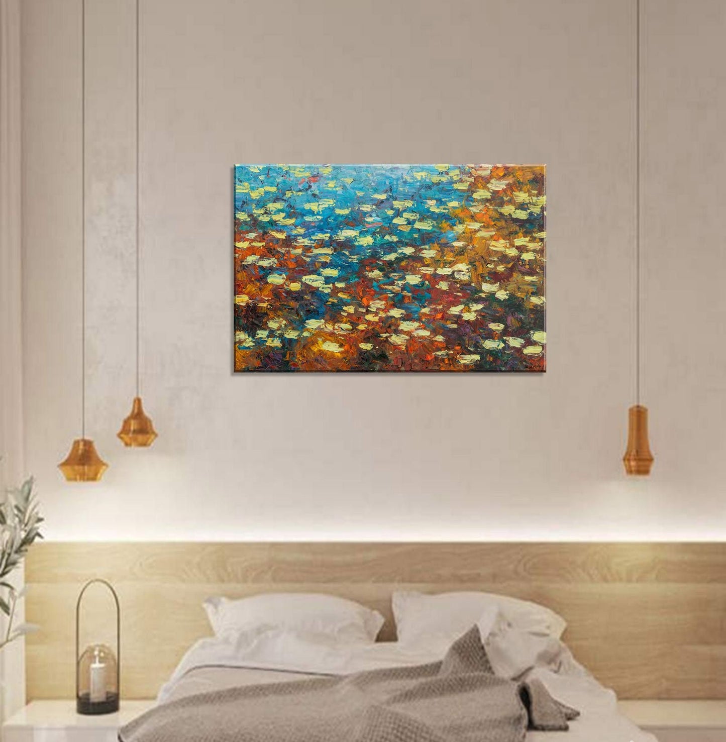Original Oil Painting Water Lilies Pond Autumn, Modern Painting, Abstract Oil Painting, Canvas Art, Canvas Wall Art, Large Oil Painting