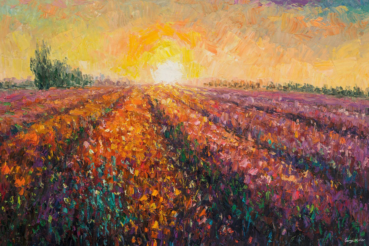 Provence Lavender Fields Sunrise Oil Painting, Large Canvas Painting, Original Landscape Painting, Modern Painting, Abstract Painting