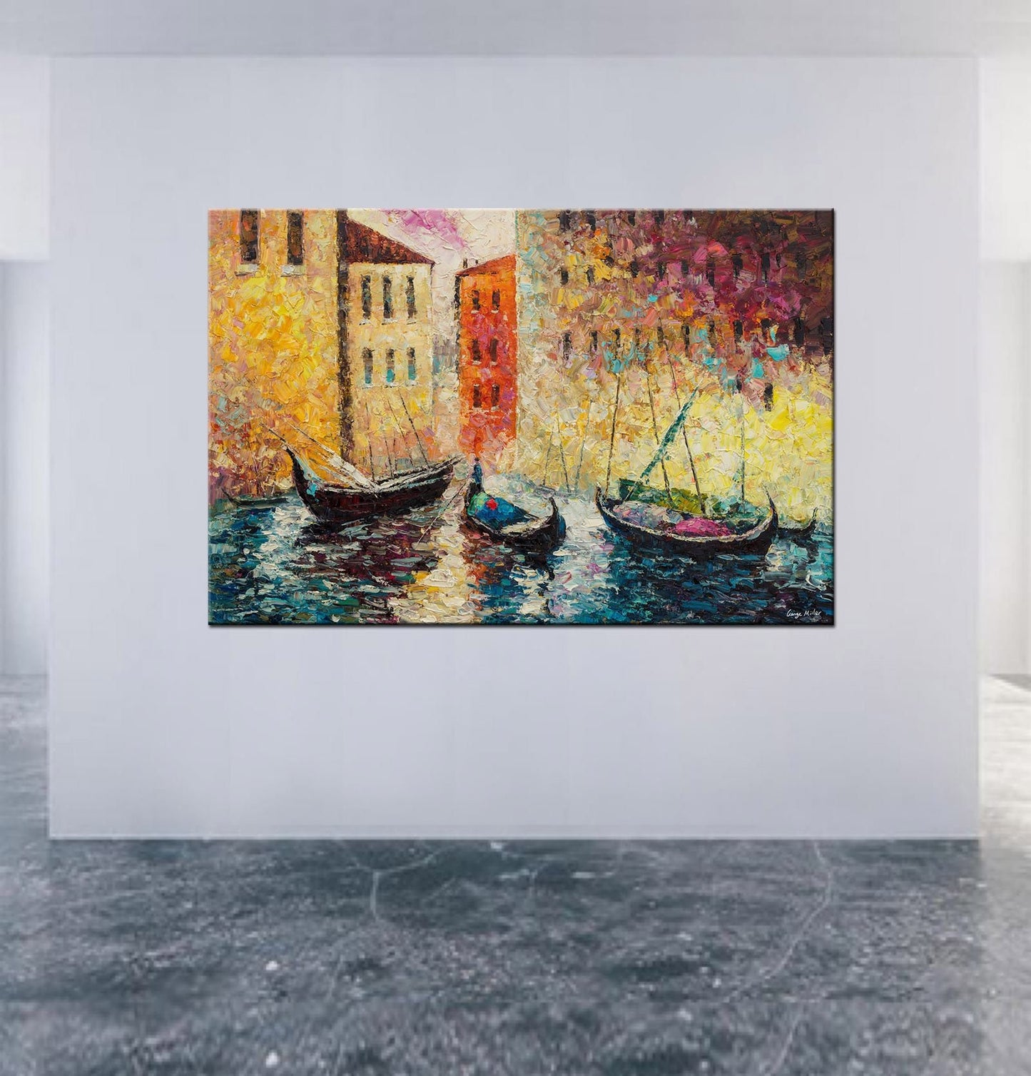 Oil Painting Venice Grand Canal Gondola Sunset, Original Abstract Painting, Abstract Painting, Large Landscape Painting, Living Room Decor