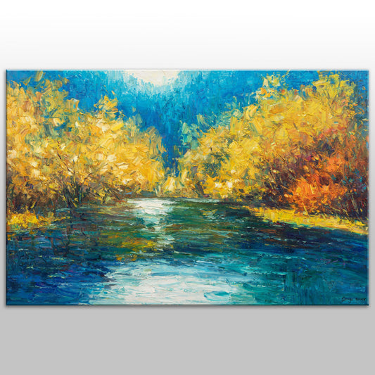 Large Landscape Painting, Original Abstract Art, Large Canvas Art, Canvas Wall Decor, Knife Art, Contemporary Painting, Autumn Forest Yellow