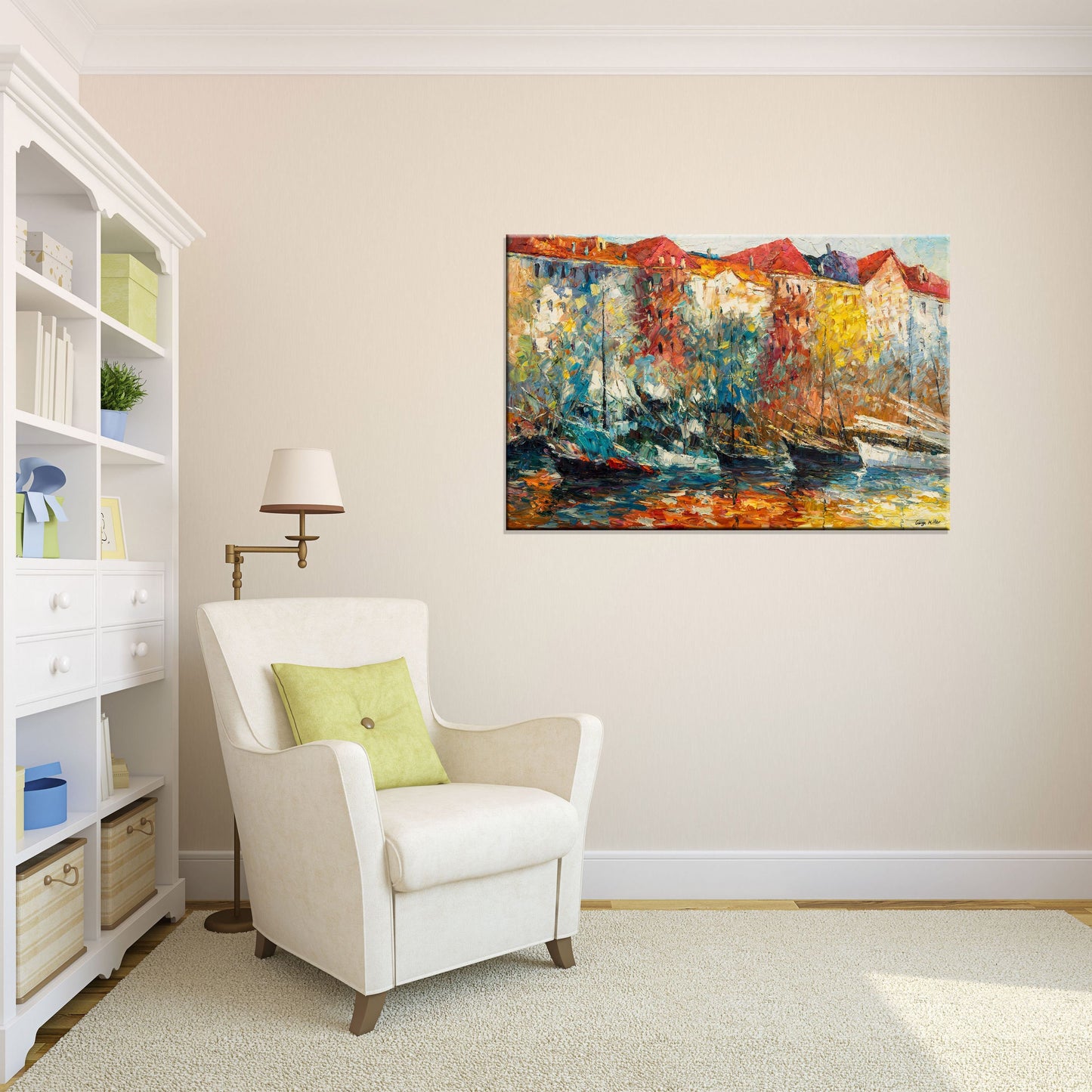 Oil Painting, Amsterdam Canal Oil Painting, Large Oil Painting, Abstract Canvas Art, Living Room Art, Rustic Décor, Oil Painting Boats Vivid