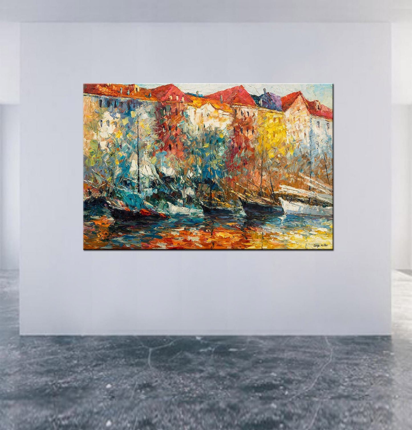 Oil Painting, Amsterdam Canal Oil Painting, Large Oil Painting, Abstract Canvas Art, Living Room Art, Rustic Décor, Oil Painting Boats Vivid
