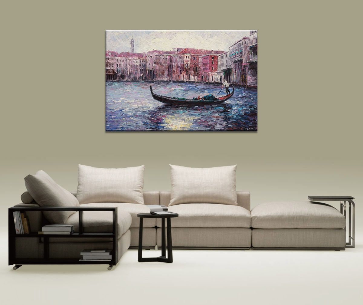Oil Painting, Seascape, Itanlian Venice Gondola Sunset, Large Art, Original Oil Painting, Palette Knife Painting, Landscape Oil Painting