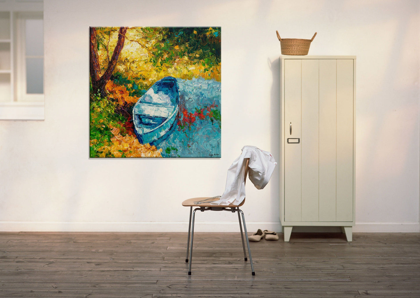 Oil Painting Fishing Boat, Small Canvas Painting, Contemporary Art, Small Metal Wall Art, Canvas Painting, Landscape Painting Spring