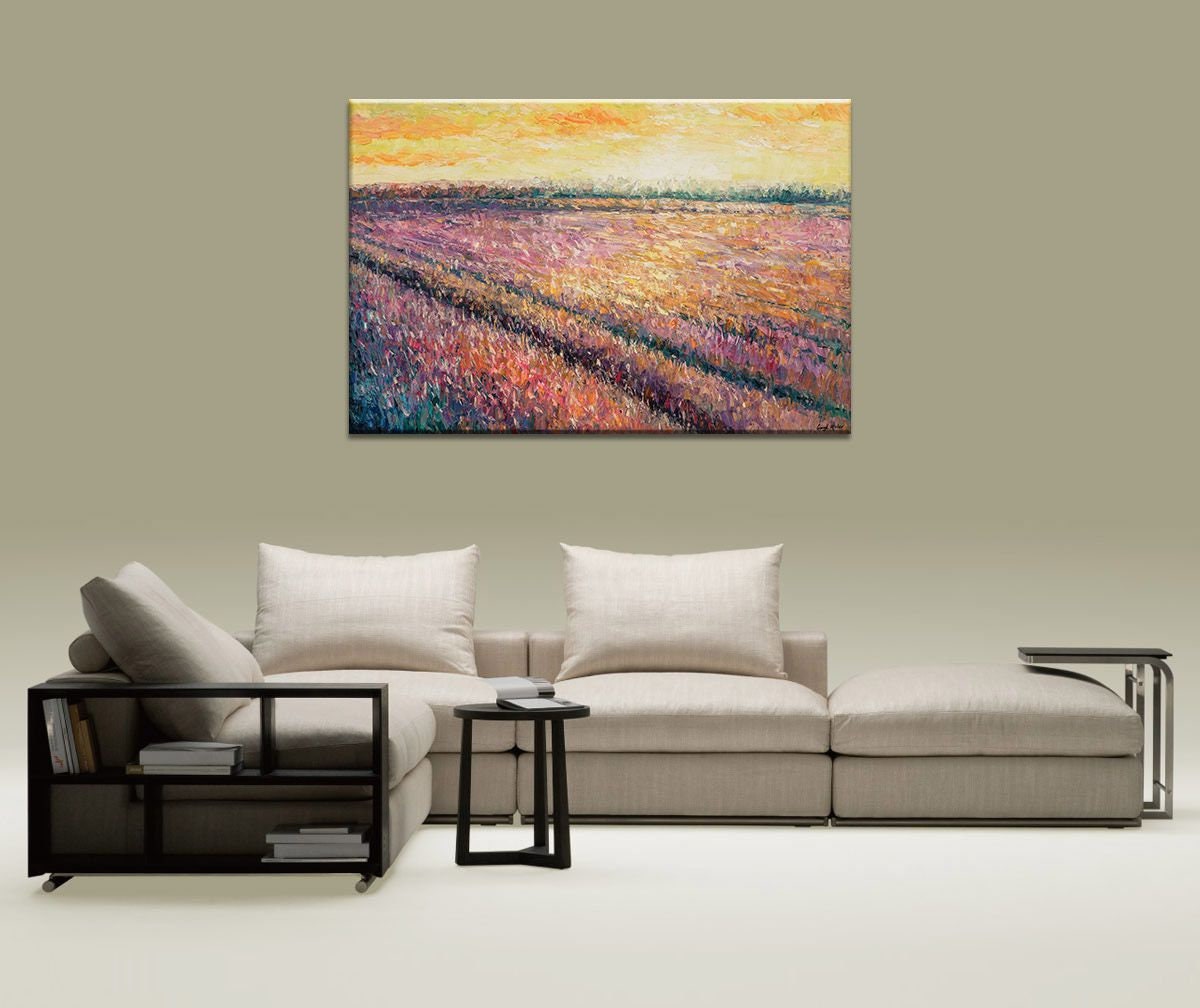 Oil Painting, Landscape Painting, Canvas Art,  Oil Painting Original, French Provence Purple Lavender Field Sunset, Palette Knife Painting
