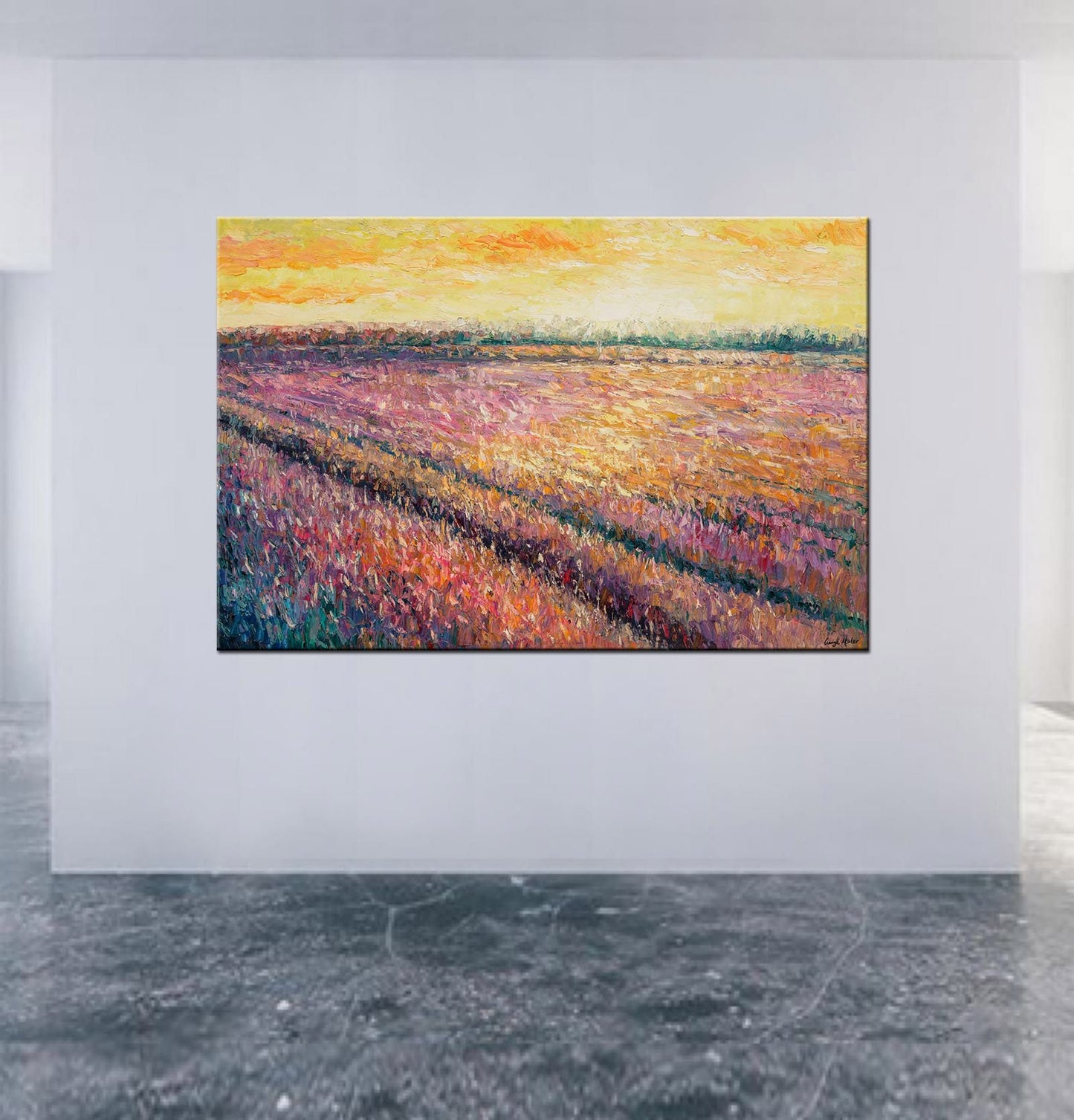 Oil Painting, Landscape Painting, Canvas Art, Oil Painting Original, French Provence Purple Lavender Field Sunset, Palette Knife Painting