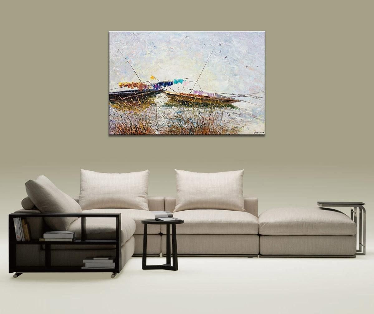 Oil Painting, Palette Knife Painting, Seascape, Finshing Boats at Sea, Original Abstract Art, Modern Painting, Large Wall Decor, Original