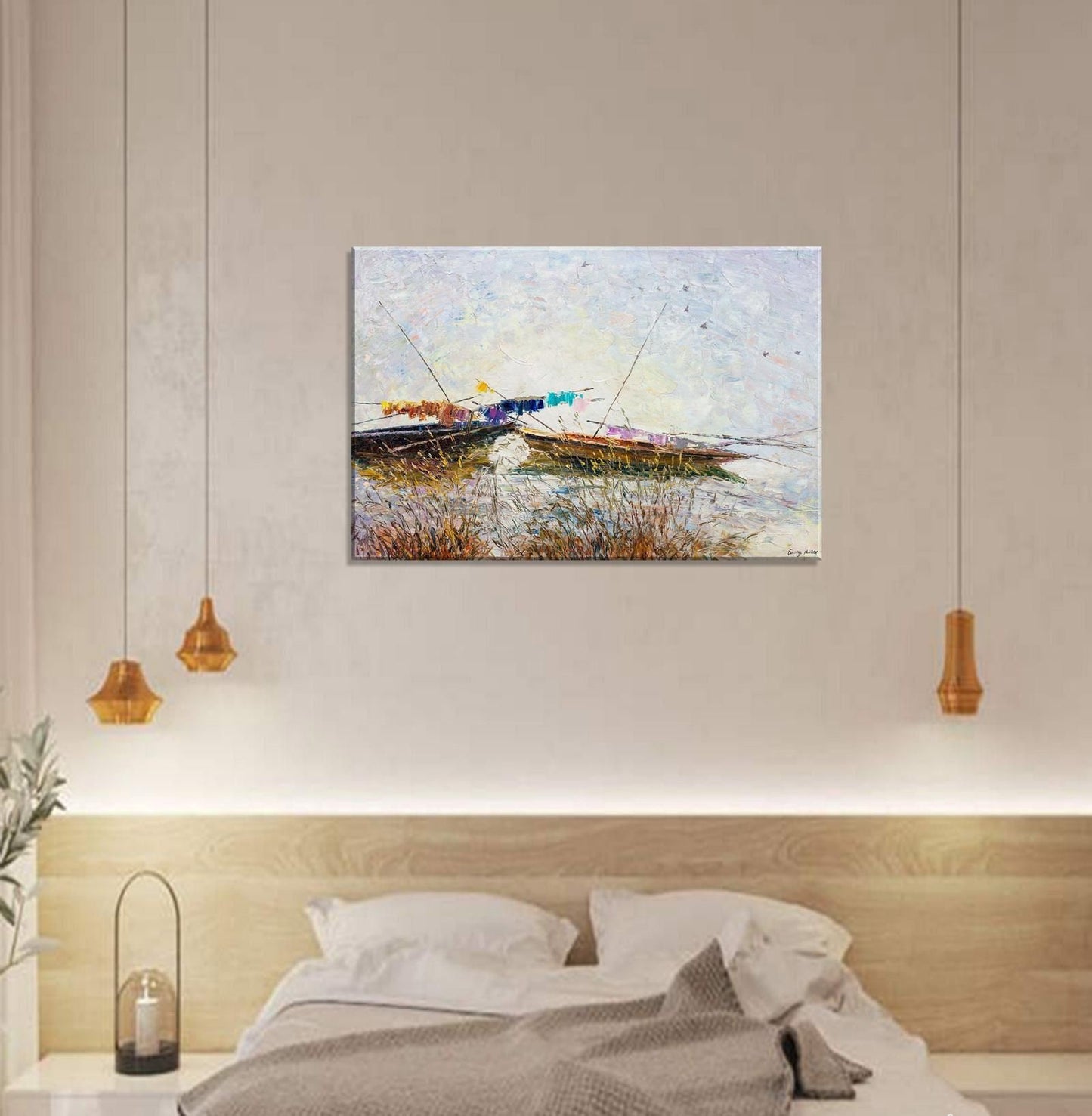 Oil Painting, Palette Knife Painting, Seascape, Finshing Boats at Sea, Original Abstract Art, Modern Painting, Large Wall Decor, Original