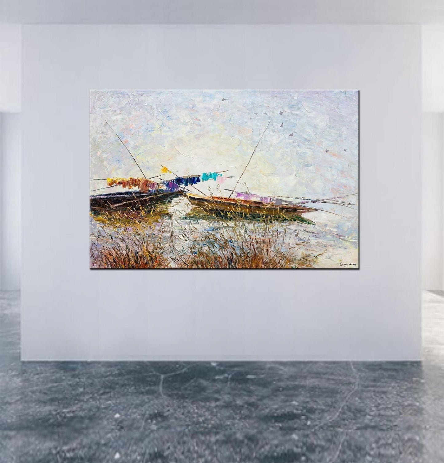 Oil Painting, Palette Knife Painting, Seascape, Finshing Boats at Sea, Original Abstract Art, Modern Painting, Large Wall Decor, Original