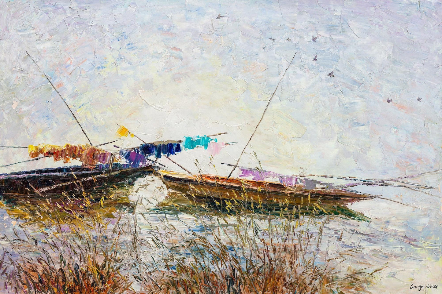 Oil Painting, Palette Knife Painting, Seascape, Finshing Boats at Sea, Original Abstract Art, Modern Painting, Large Wall Decor, Original