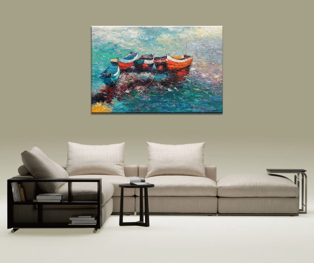 Oil Painting Seascape Fishing Boat at Dawn, Canvas Art, Canvas Wall Art, Abstract Art, Original Painting, Modern Art, Large Oil Painting