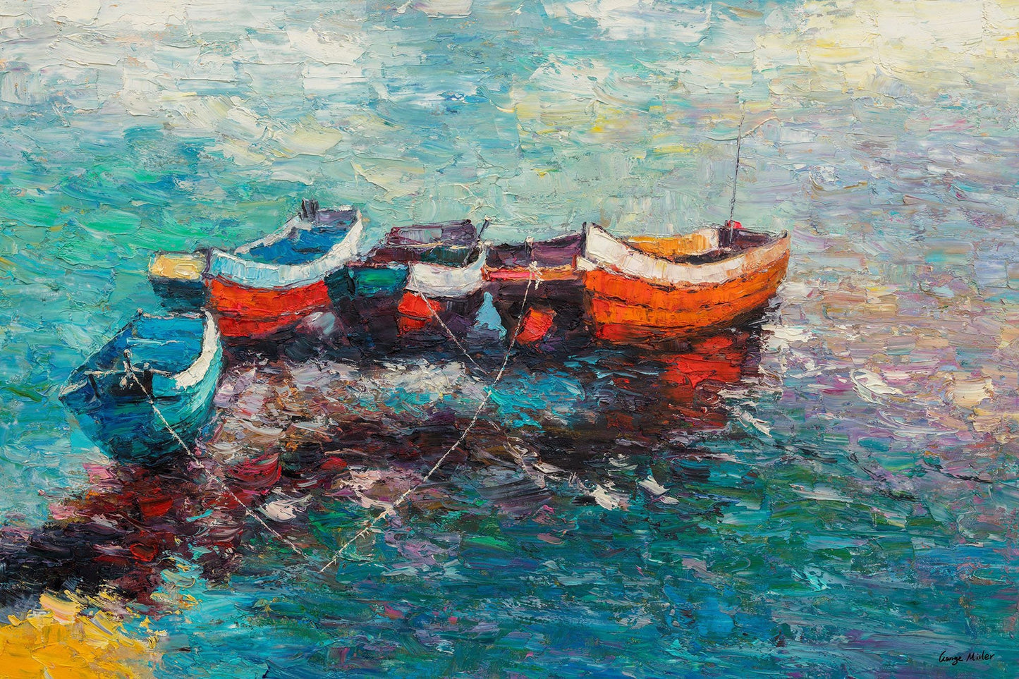 Oil Painting Seascape Fishing Boat at Dawn, Canvas Art, Canvas Wall Art, Abstract Art, Original Painting, Modern Art, Large Oil Painting